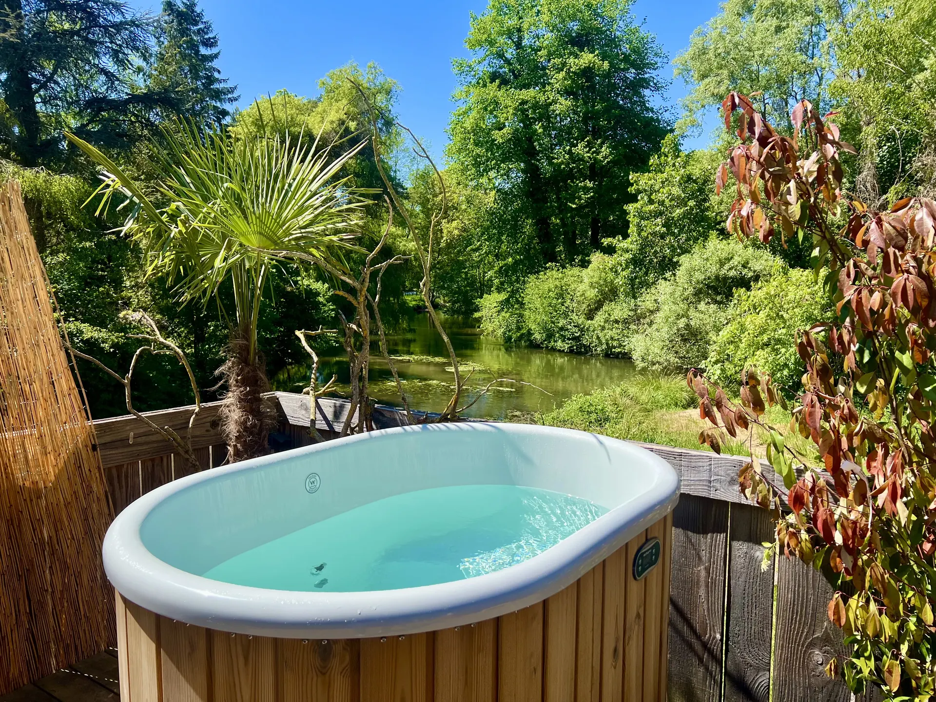 Bain nordique privatif vu de côté avec palmier en été — suite romantique La Parenthèse Île-de-France