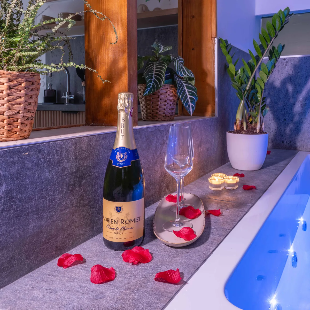 Bain aux bougies et champagne — moment romantique La Parenthèse